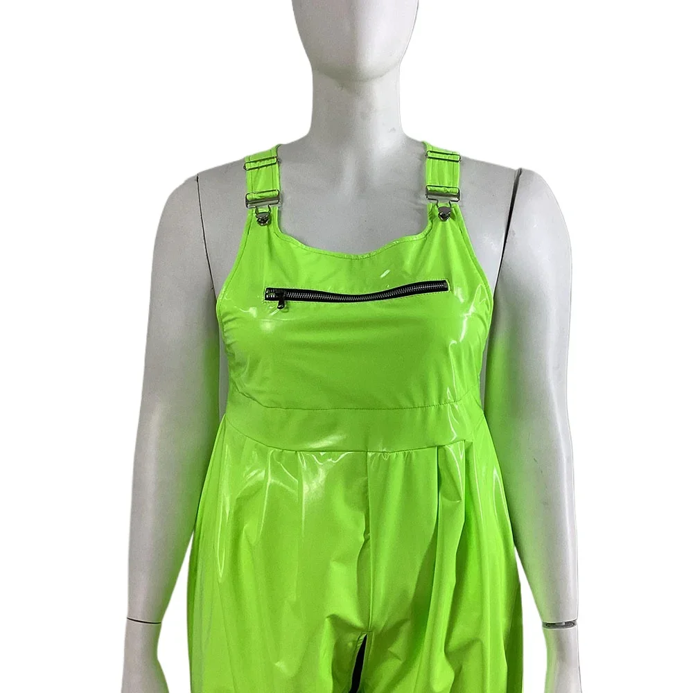 Plus Size Punk Zipper Rompers Sexy Adjustable Suspenders Bloomers Jumpsuit Wetlook PVC Leather Knee-length Bodysuit Clubwear 4