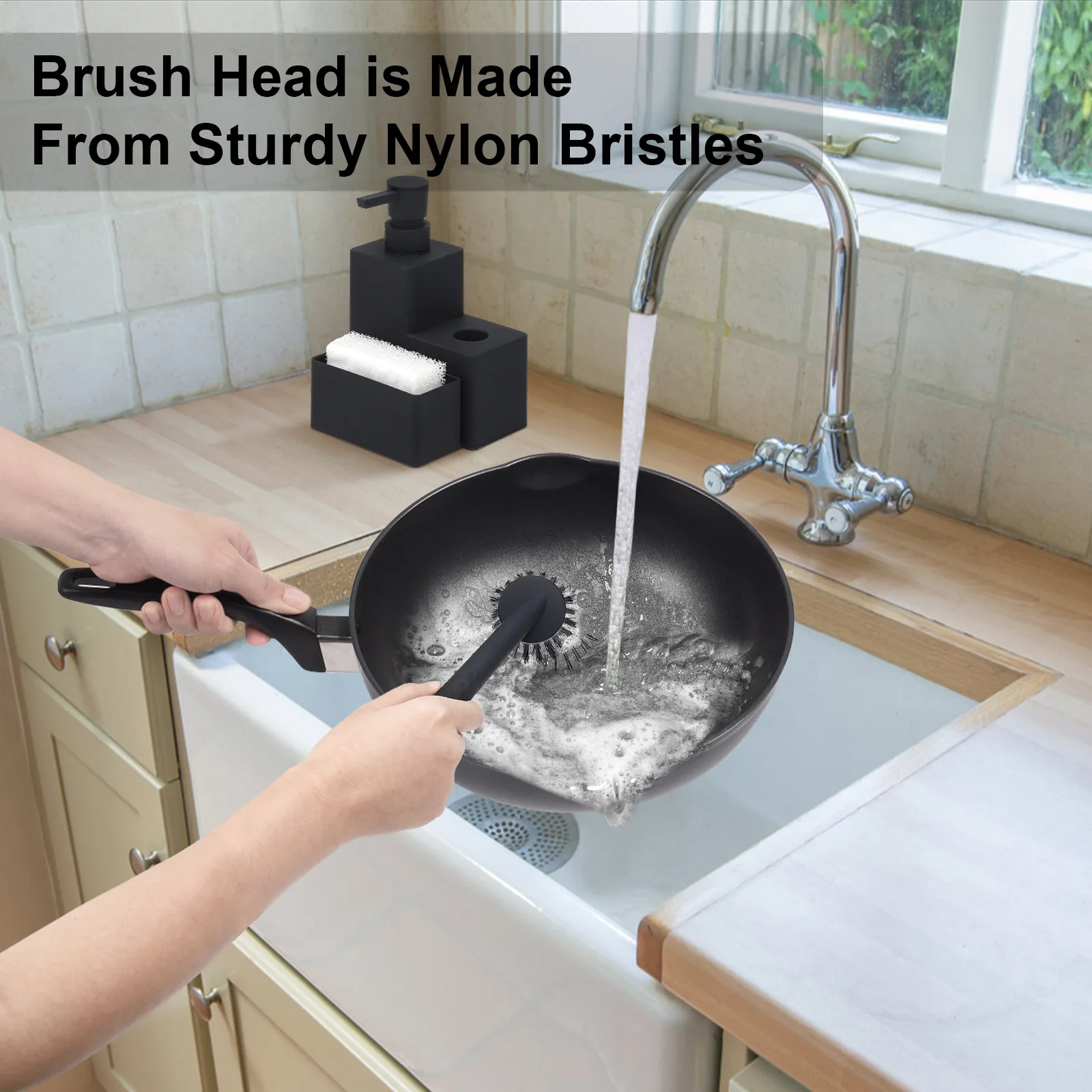 Description Picture 3 of itemModern Square Dish Soap Dispenser with Sponge Holder and Brush 3 in 1 Set for Kitchen Sink Countertop Organizer Matte Black