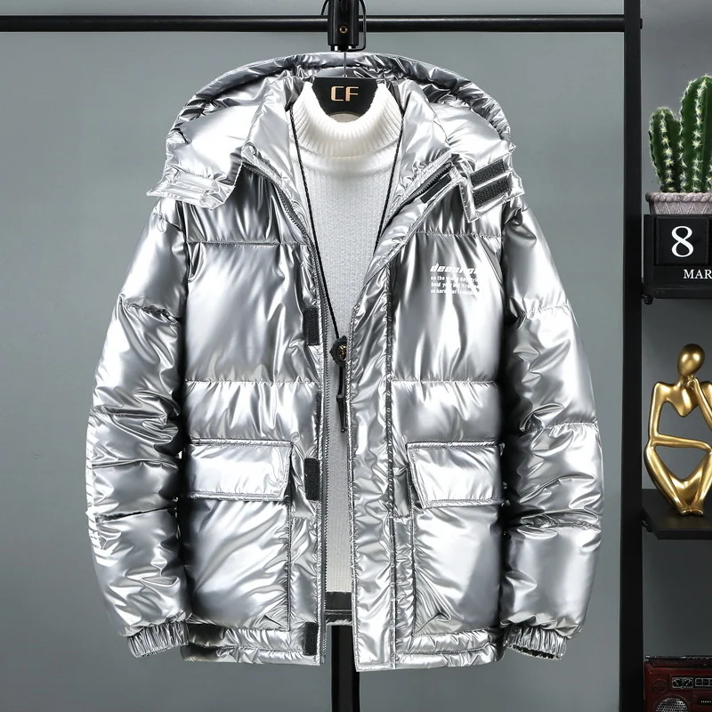

Men's White Duck Down Jacket Winter Hooded Warm Glossy Parka Autumn Jacket Men Shiny Black Padded Fluffy Overcoat Male Wear