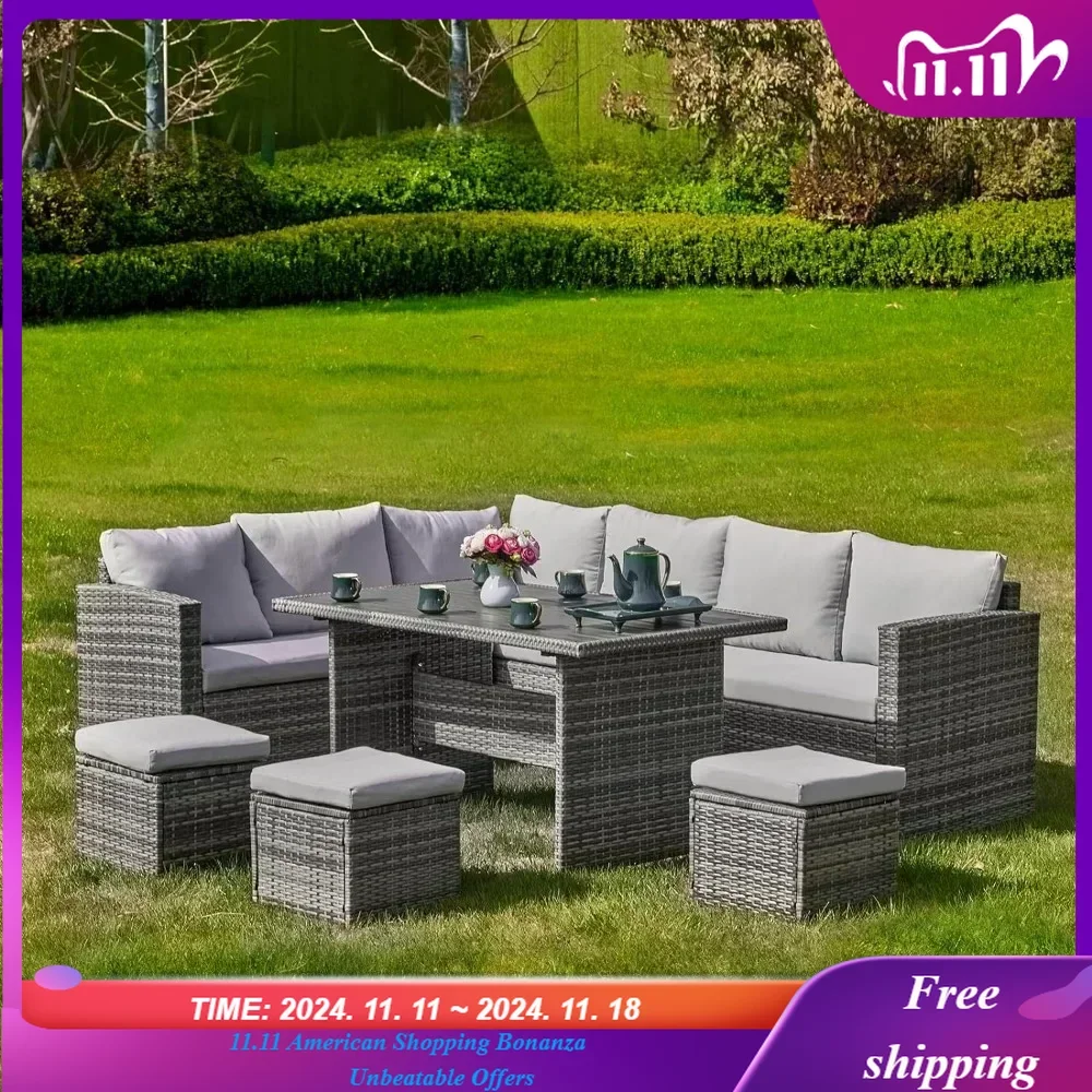 7 Pieces Outdoor Patio Furniture with Dining Table&Chair, All Weather Wicker Conversation Set with,Grey Garden Sofas