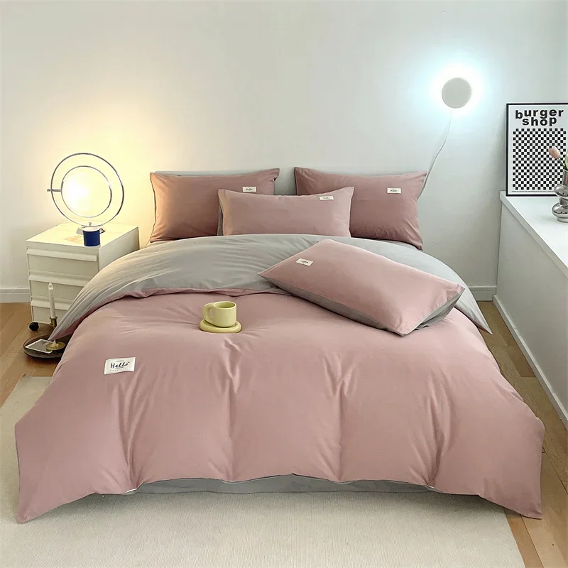 

150/180/200CM Grey Pink Water Wash Cotton Bed Sheet Duvet Cover Pillowcase Four-piece Spring Autumn Bedding Set M064-3