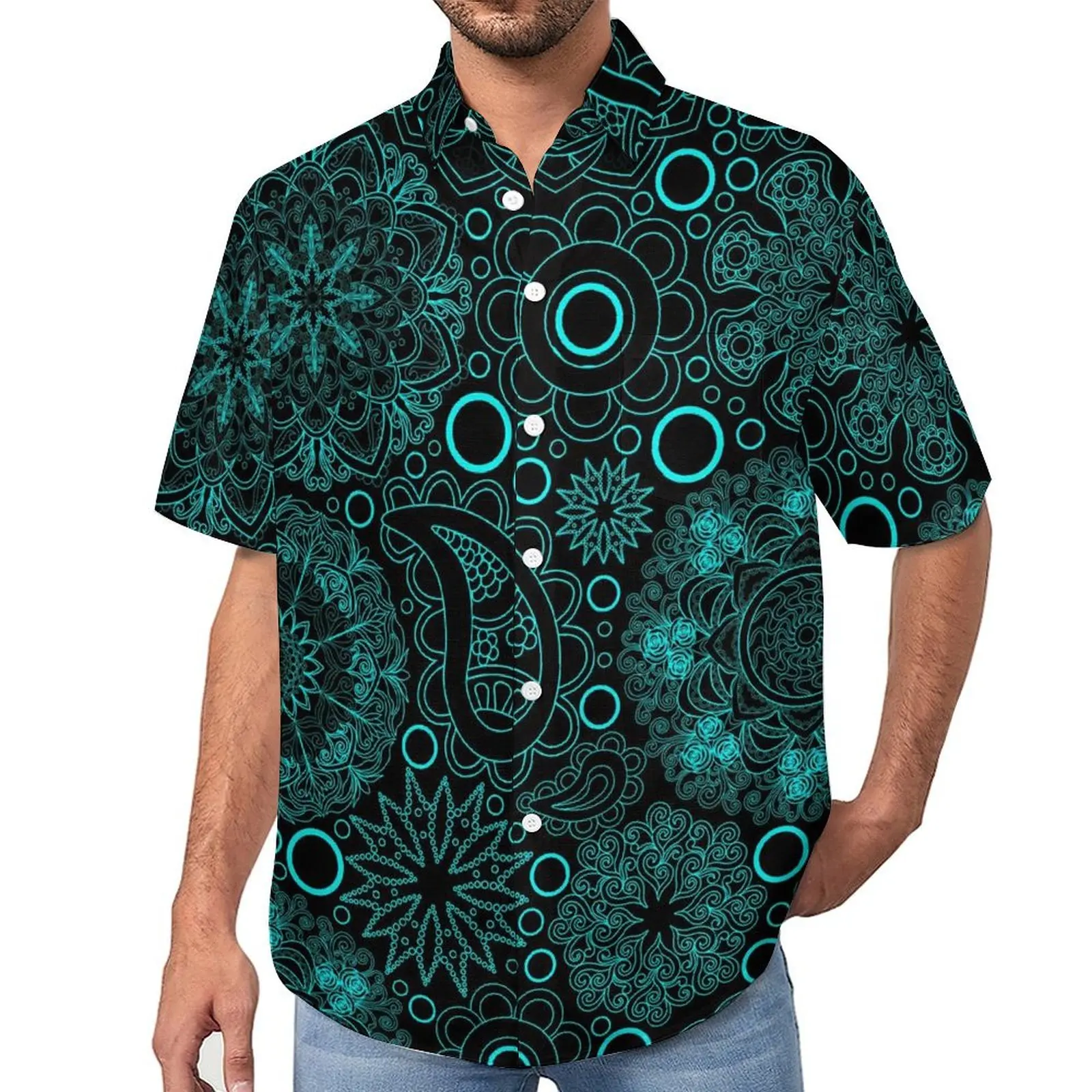 

Boho Paisley Beach Shirt Blue Mandala Hawaii Casual Shirts Man Novelty Blouses Short Sleeve Design Clothing Big Size 3XL 4XL