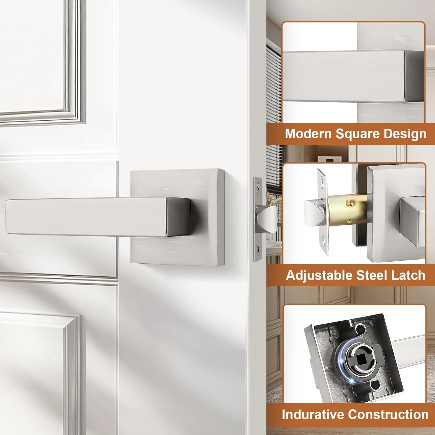 Nickel Square Door Lever Door Lock Handle Lockset Keyless Doorknobs Passage Knobs