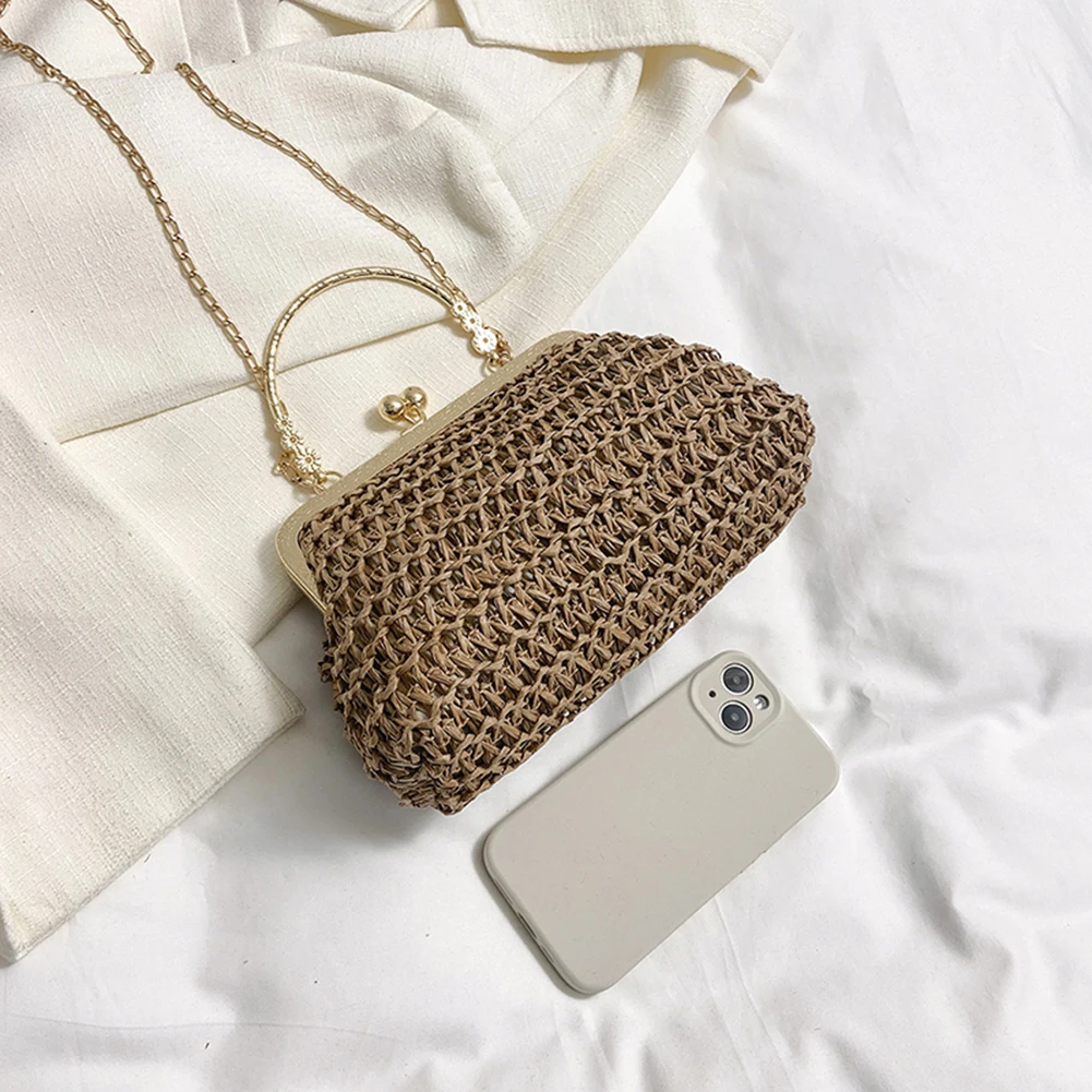 Woven Straw Chain Clutch Bag for Women Summer Party