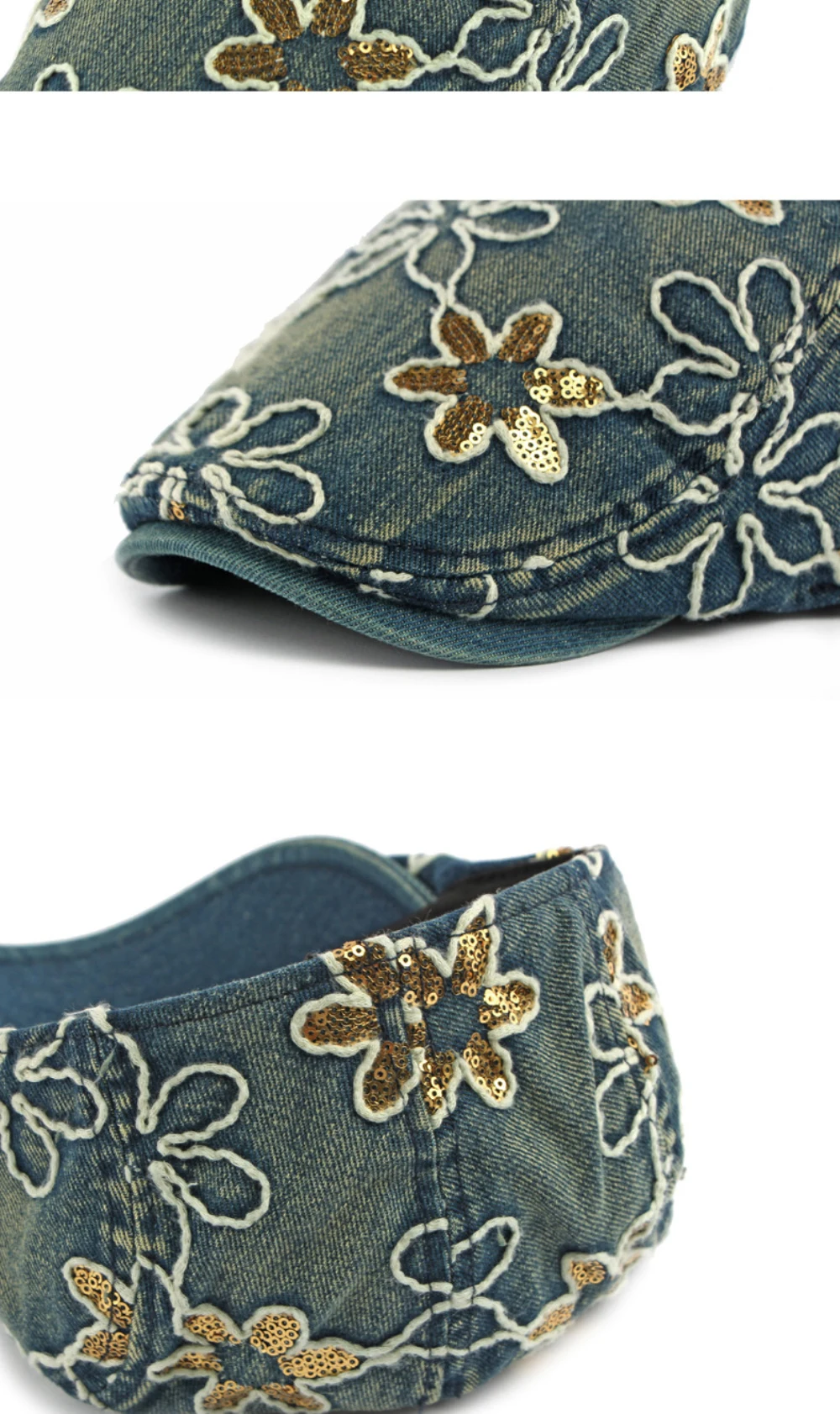 HT5070 Herren- und Damen-Baskenmützen Vintage Künstler-Malermütze Unisex Baumwoll-Ivy-Kappe Stilvolle Pailletten-Blumen Denim-Baskenmütze – Detail 5