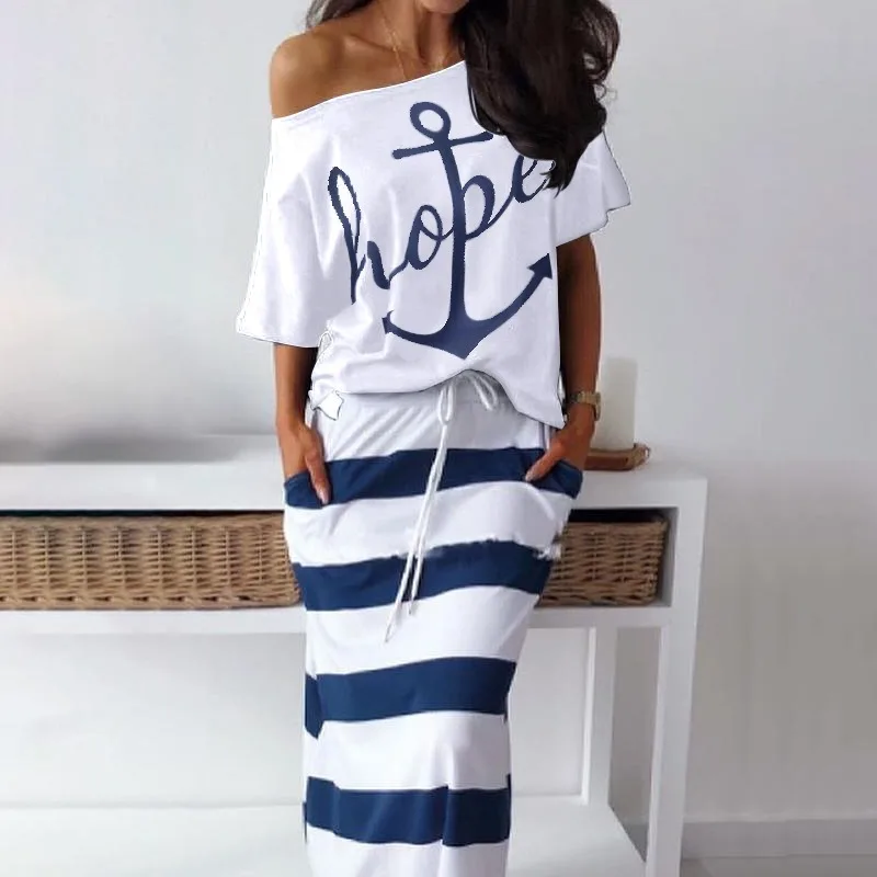 

2024 Spring Summer New Women's Clothing Casual Printed Short Sleeves T-shirt Striped Skirt Suit Two-Piece Set