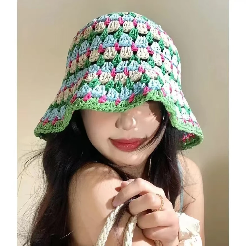 

Hollow Striped Bucket Hats For Women Spring Summer Sun Hat Female Crochet Fishermen Cap Outdoor Travel Basin Caps Panama Gorros
