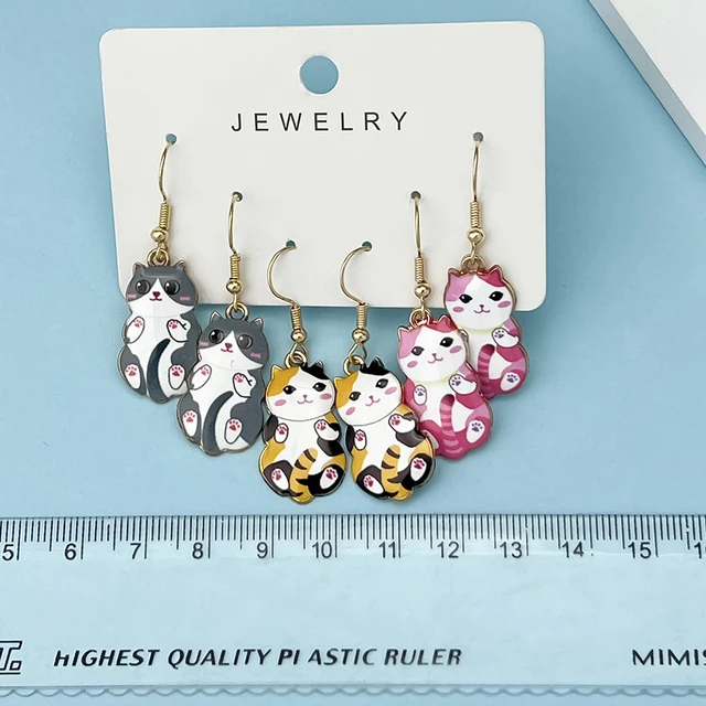 3Pairs/Set New Fun and Cute Enamel Alloy Cat Dangle Earrings Cartoon Style Colored Cat Ear Jewelry Set Gift For Women Girls 4