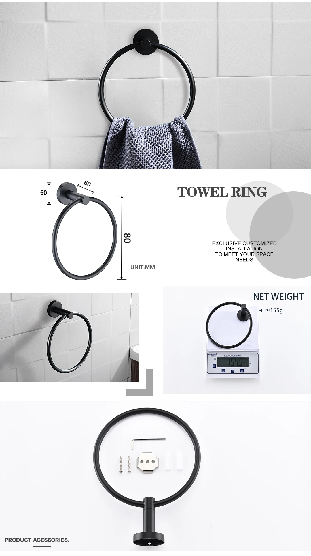 Description Picture 6 of itemMatt Black Double Towel Bars Kitchen Towel Hanger Stainless Steel Bathroom Accessories Towel Rack Ring Toilet Paper Brush Holder