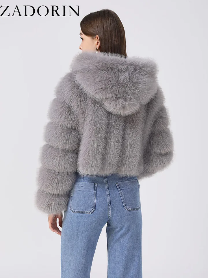 ZADORIN Winter Fur Top For Women Mink Coat Hooded Cropped Faux Fur