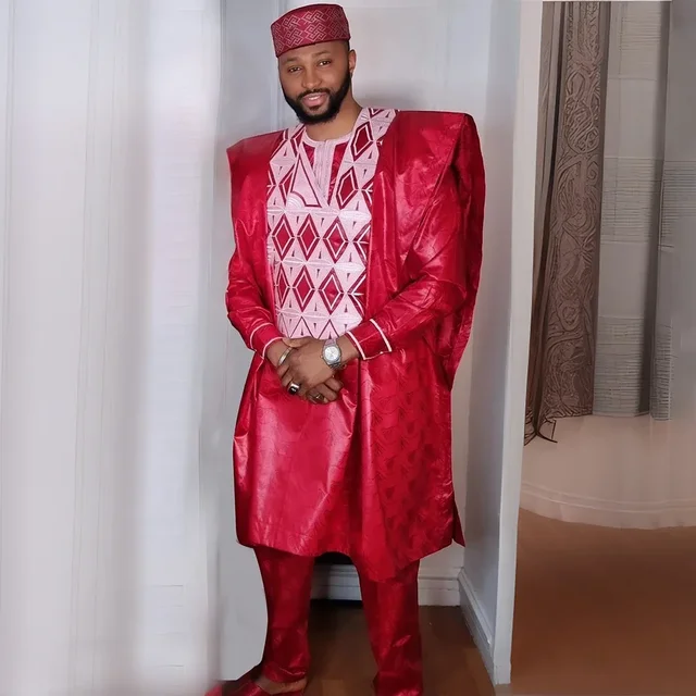 New African Clothes for Men Dashiki Tradition Outfit Robe Embroidery Red Tops Pants Suits Bazin Muslim Wedding Party Clothing 3