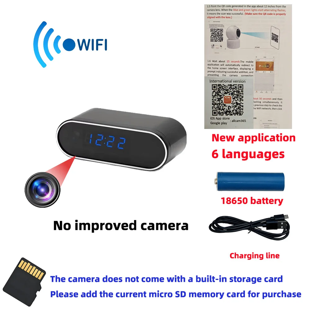 Improved 4KHD mini WiFi clock camera, supporting remote viewing, motion detection, infrared night vision, and home mini camera