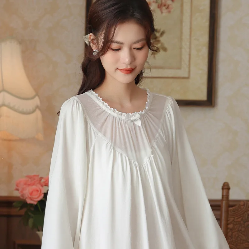 

Весенне-осенняя свободная хлопковая ночная рубашка, винтажная кружевная ночная рубашка с круглым вырезом, одежда для сна принцессы, Женская Однотонная ночная рубашка феи