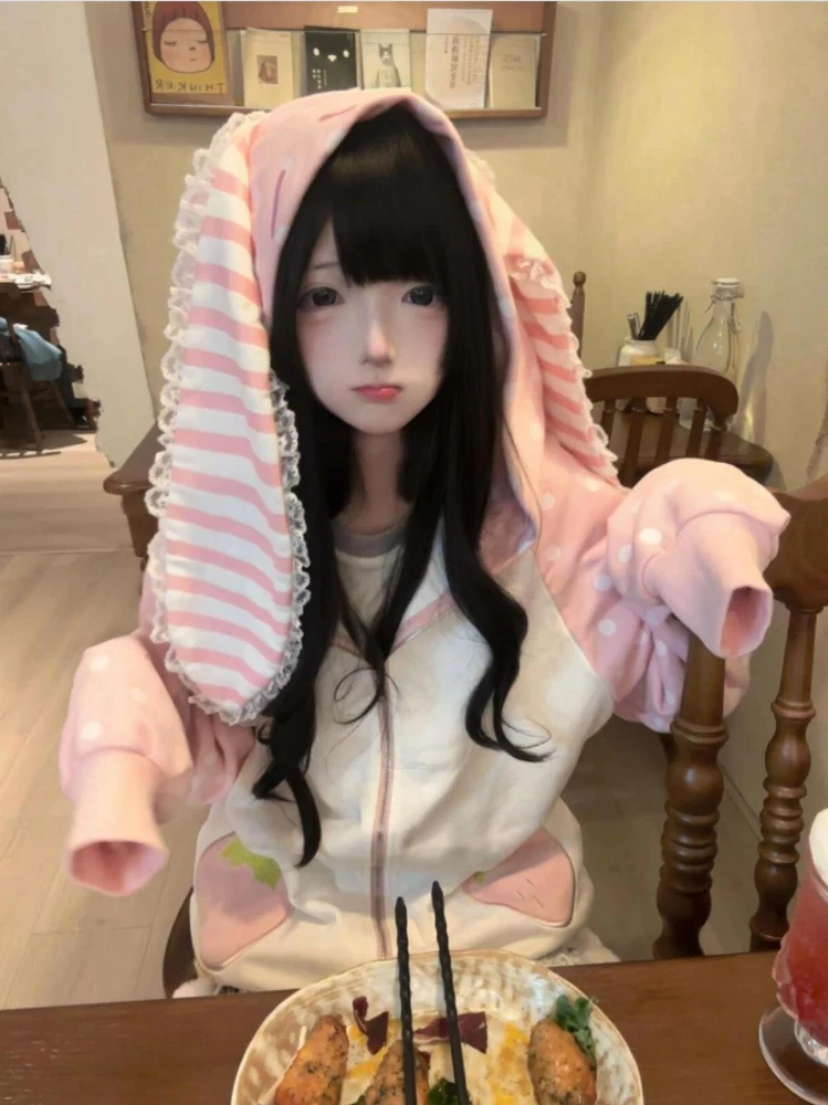 Japanese Kawaii Rabbit's Ears Hoodies Loose Polka Dot Patchwork Women Grunge Hoody Y2k Aesthetic Fairy Strawberry Sweatshirt 2