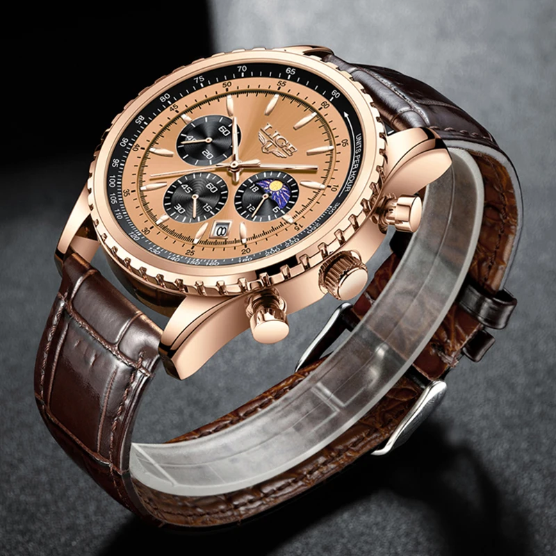 LIGE Fashion Leather Watches For Men Military Waterproof Chronograph Watch Men Casual Business Luminous Quartz Man Wristwatch