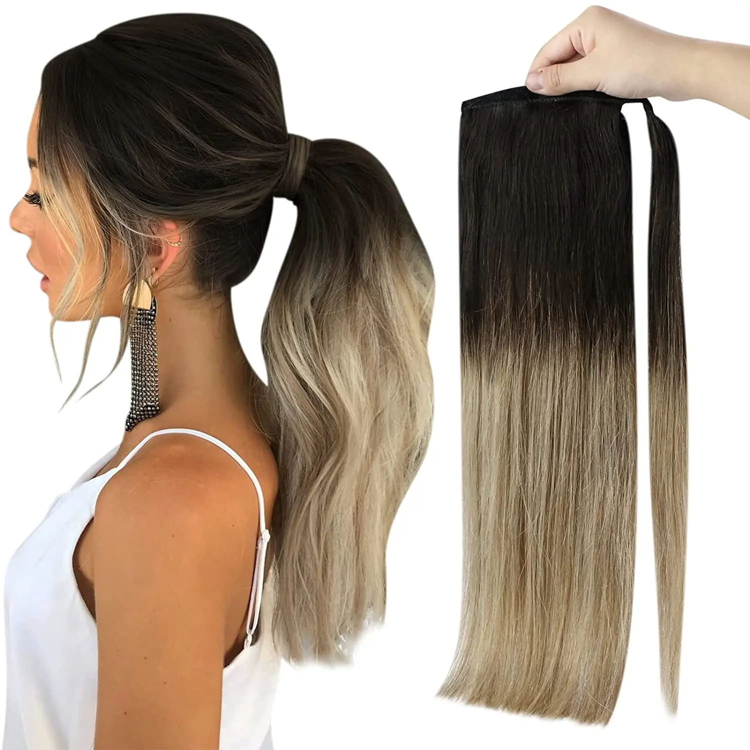 RealBeauty Clip in Ponytail Hair Extensions Brazilian Straight Real Human Hair Wrap Around Ponytail Hair Pieces Hightlight Soft