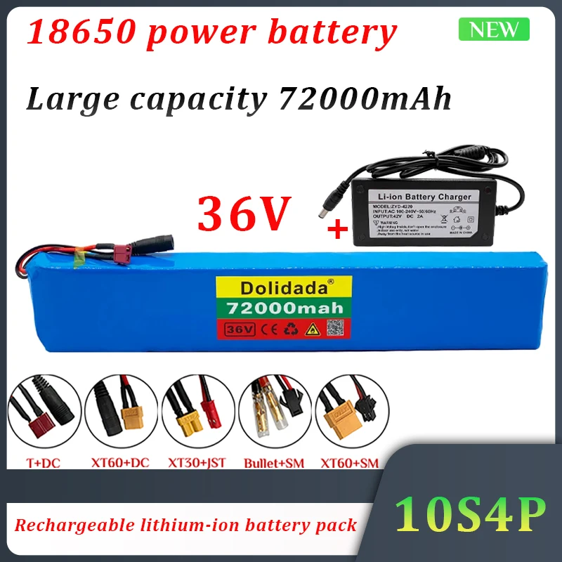 

New 10S4P 36V Lithium Battery Pack High Power 600W Large Capacity 18650 72Ah Suitable for Electric Bicycle Scooter + 42V Charger