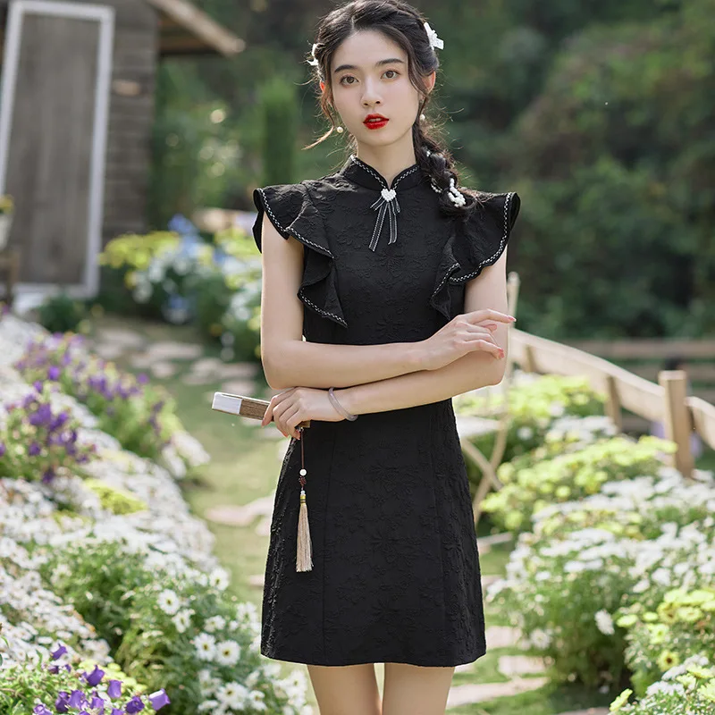 

Summer Women Fashion Short Slim Cheongsam Chinese Traditional Sexy Black Dress Qipao Vestidos