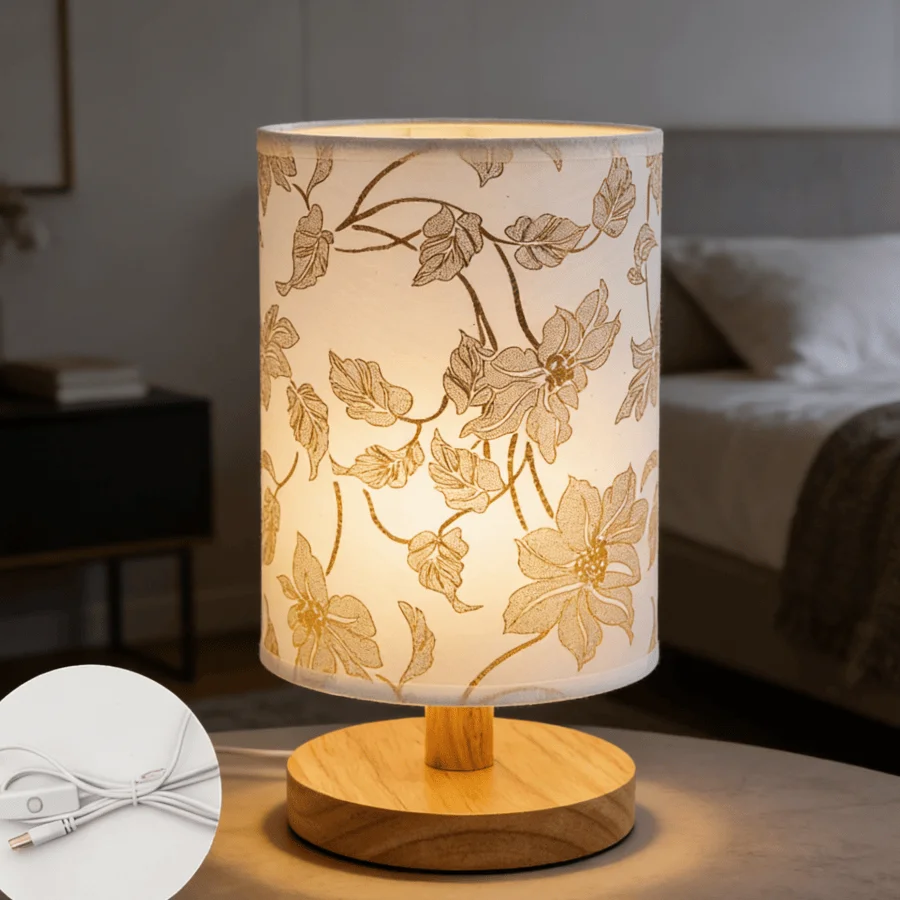 1PC 우아한 화이트 & 골드 플로럴 데스크 램프, 원통형 패브릭 갓이 있는 천연 나무 베이스 야간 조명