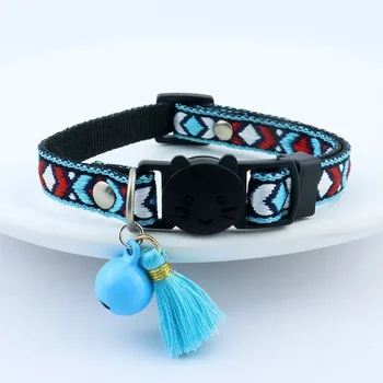 Adjustable cat collar with tassels and bells embellished pet collar colorful plaid jacquard pattern for cat and dog collars 6