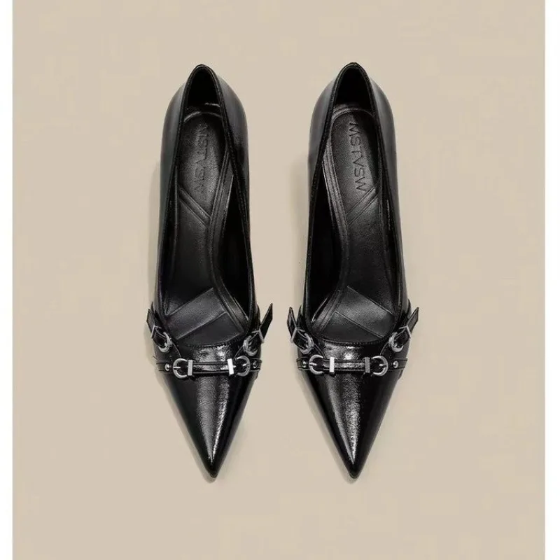 Luxury Brand Designer Women Sandals Fashion Pointed Toe Buckle Strap Metal High Heeled Kitten Heel Elegant Single Shoes Female 3