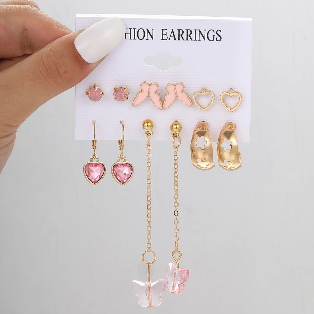 Pink Heart Butterfly Dangle Earrings Set Vintage Metal Geometric Stud Earring for Women Fashion Trendy Jewelry Gifts 2023 New
