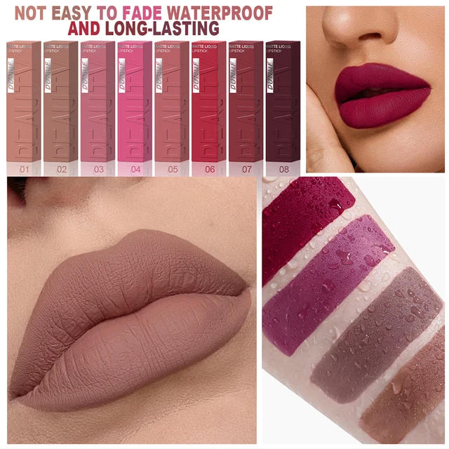 DUNUF Matte Velvet Lip Gloss, 3D Plumping & Waterproof, Square Tube Lipstick, Easy Application, 8 Shades (All-in-One)