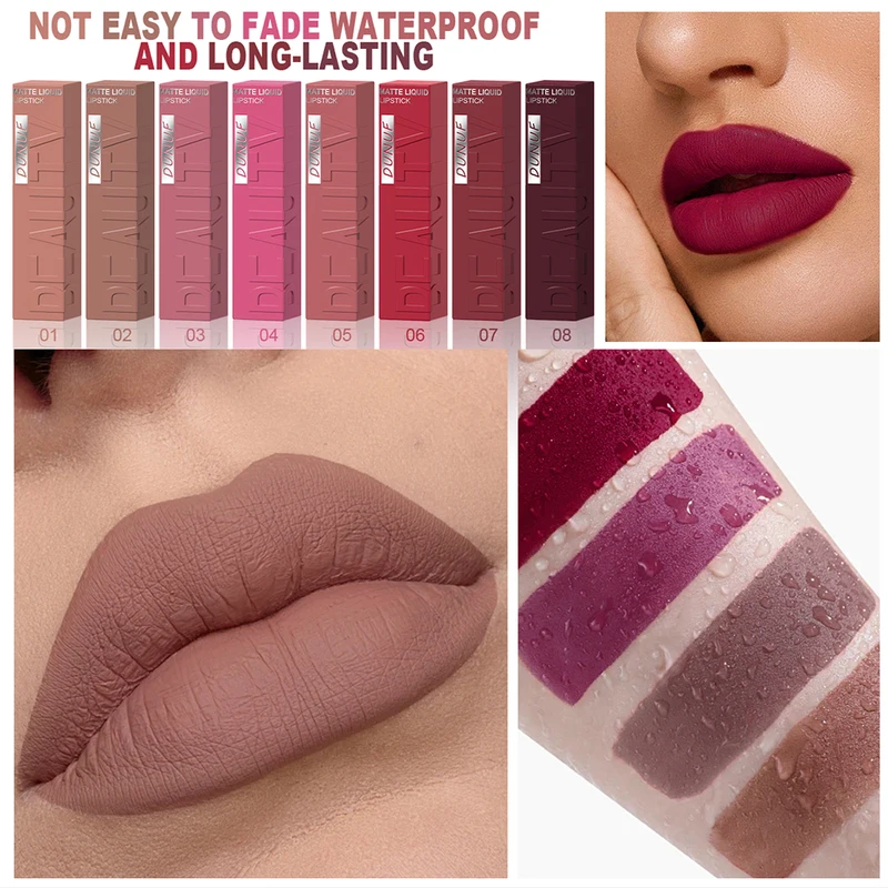 DUNUF 8-color matte velvet smooth easy-to-apply square tube lip gloss...