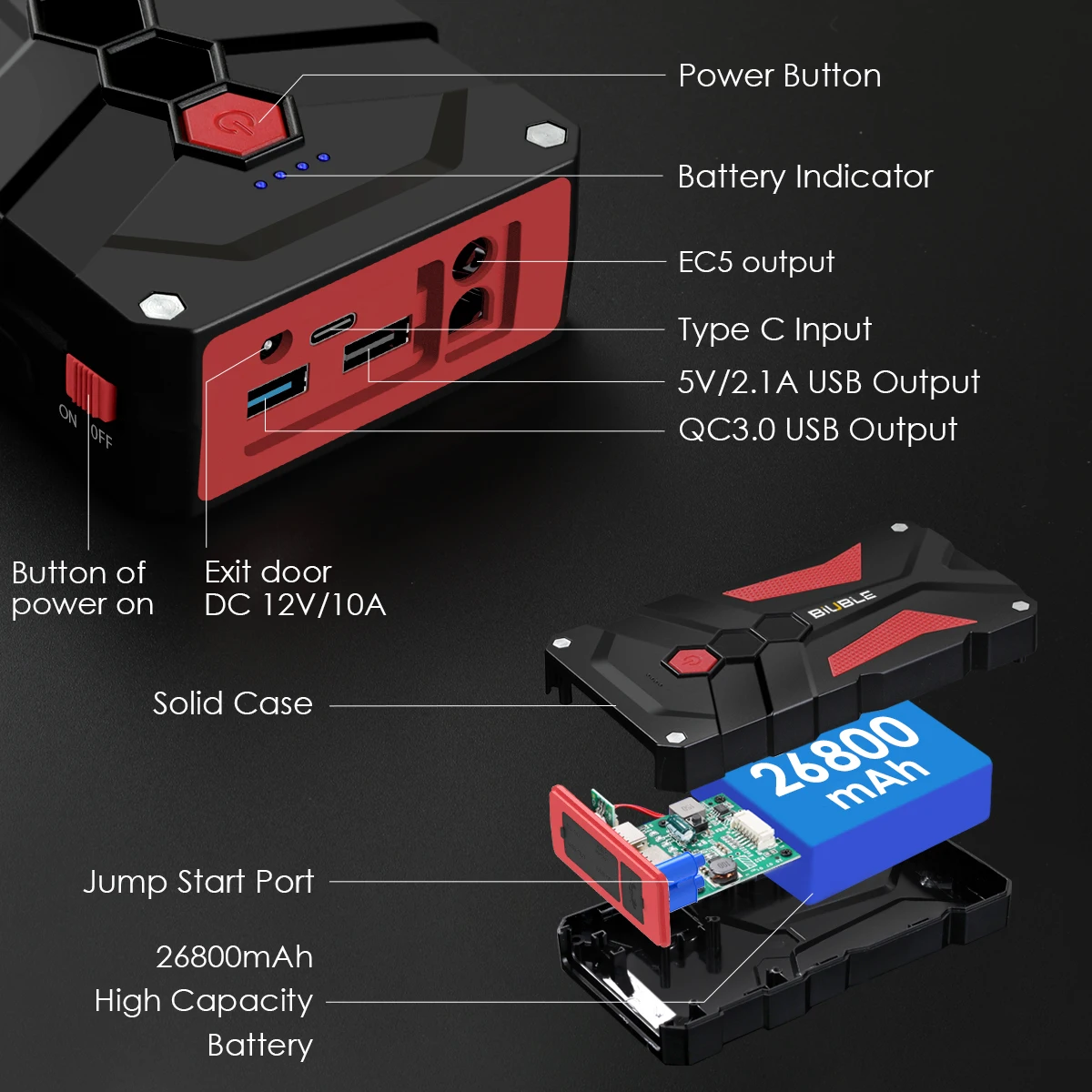 BIUBLE 26800mAh Jump Starter Power Bank 3000A 12V Portable Car Battery Starter Emergency AUTO Booster Starting Device Jump Start