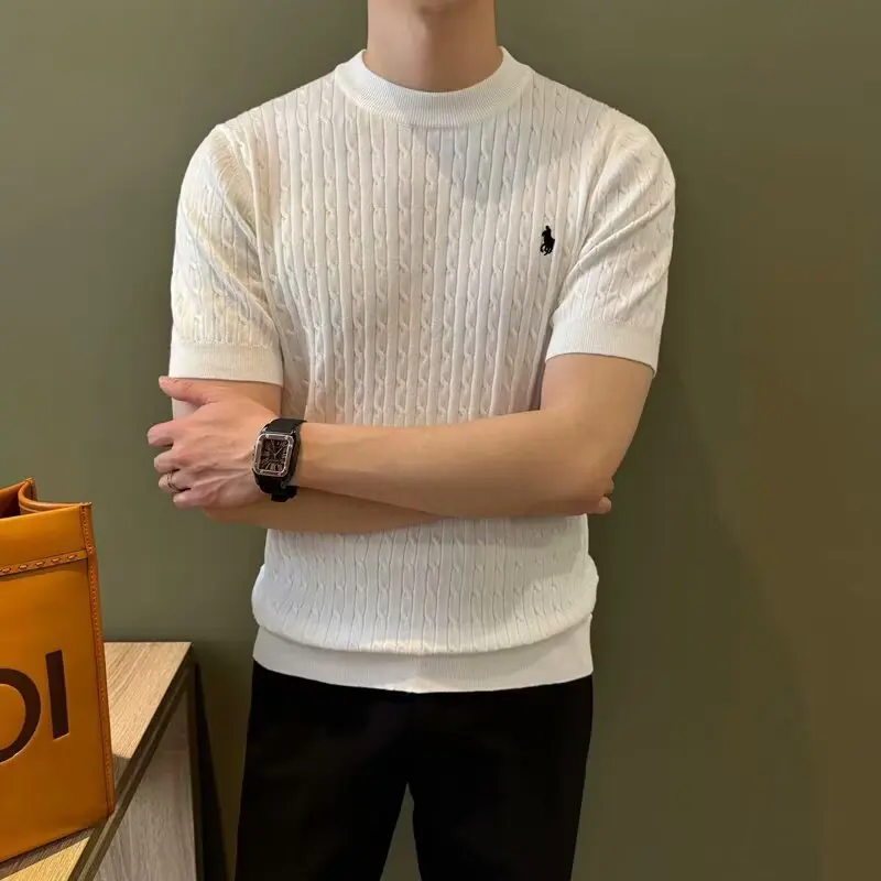 חולצת סריג קצרה לגברים עם שרוול קצר, טקסטורת רקמה, מתאימה לגוף צר, נושמת, סגנון עסקי קז'ואלי, עשויה מפוליאסטר פייבר