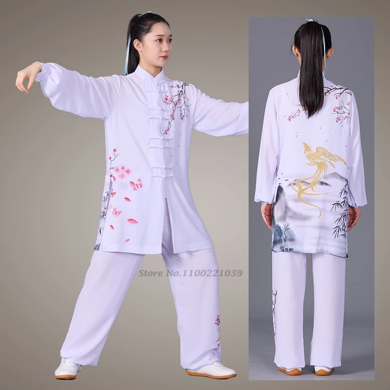 chinese tai chi uniform wushu kung fu training practice martial arts wing chun flower print tops+pants set outdoor sports