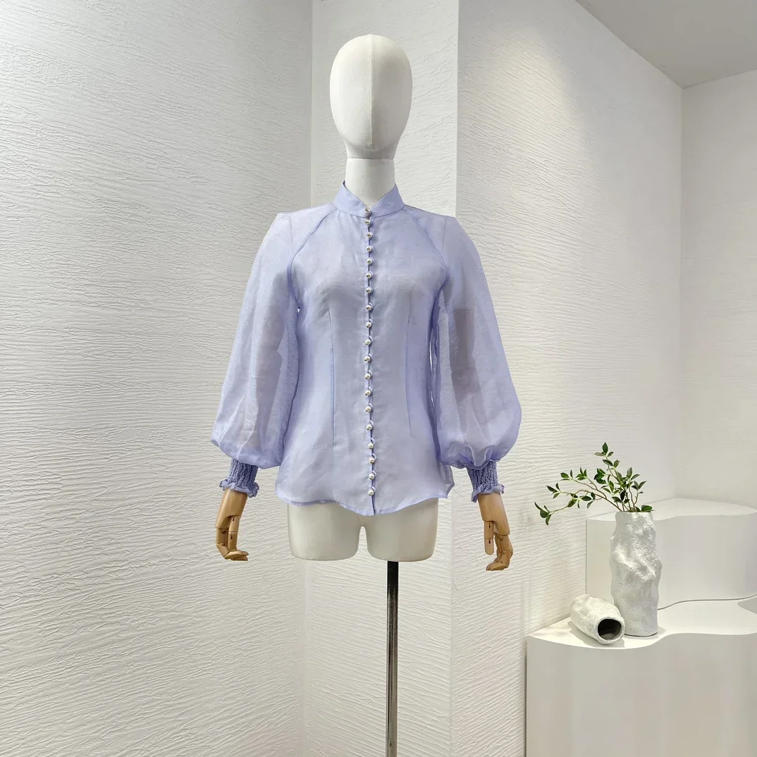 

Белая повседневная женская блузка с длинными рукавами-фонариками и жемчужными пуговицами