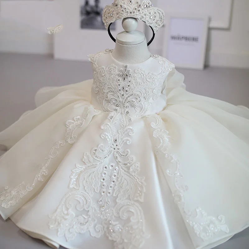 

Big Bow Toddler Baby Girl Dress White 1st Birthday Sequins Wedding Gown Kids Party Princess Baby White Christening Girls Dress