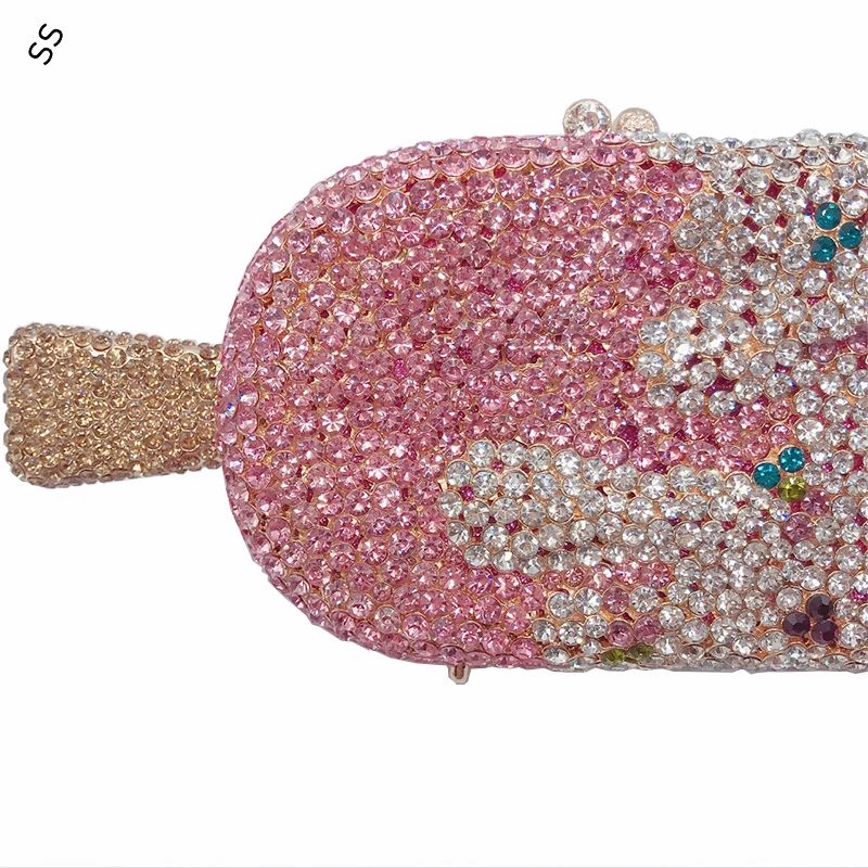 18*8*4cm Personality Fashion Ice Cream Style Women's Clutch Bag Pure Hand-inlaid Rhinestone Diamond Wrist-bag for Evening Party