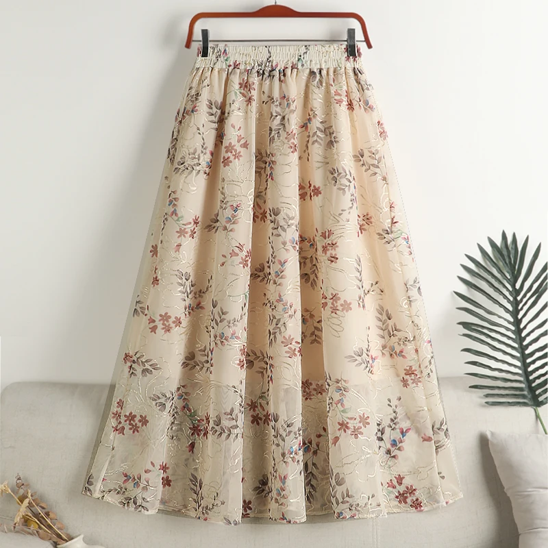 

2023 New Spring Heavy Work Sequins Floral Embroidered High Waist Women Mesh Skirts Large Swing Shiny Long Midi Skirts Ropa Mujer