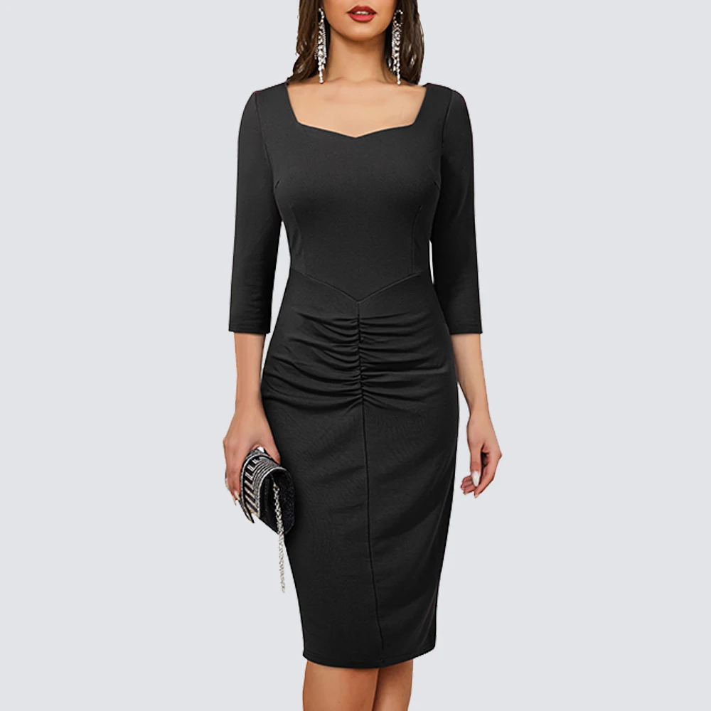 

Женское винтажное Деловое платье, однотонное платье-футляр с квадратным вырезом, весна, HB729