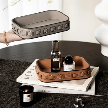 Vassoio Decorativo Minimalista di Lusso in Pelle, Stile Moderno, Organizer da Scrivania Rettangolare per Cosmetici e Gioielli