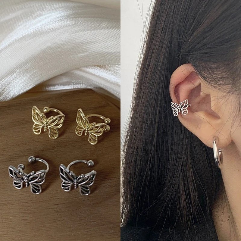 Retro Metal Alloy Hollow Butterfly Ear Clips Lovely No Piercing Fake