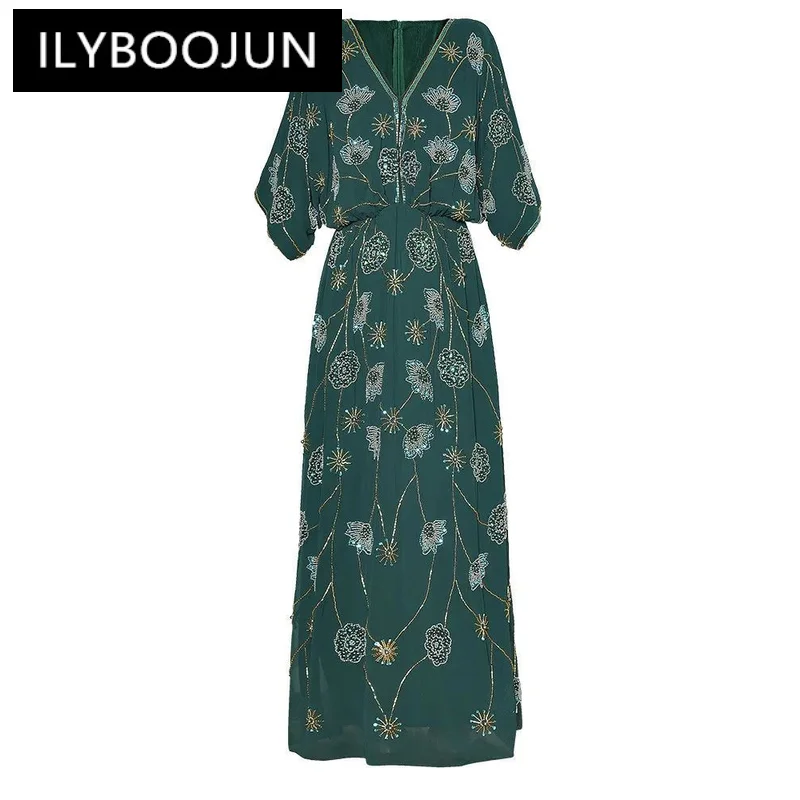 

ILYBOOJUN Fashion Designer Summer Women Dress V Neck Loose 3D Sequin Flowers Beading Casual Temperament Big Swing Dress