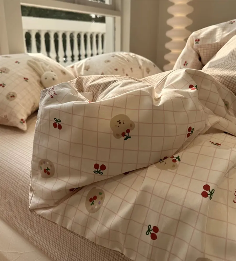 

Cute bear cherry plaid bedding set kid teen,twin full queen king kawaii cotton home textile bed sheet pillow case quilt cover