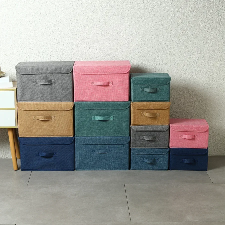 Washable Cotton Linen Fabric Folding CD Storage Box Foldable Bins Toys Organizer With Lid Storage Basket Laundry Basket 3