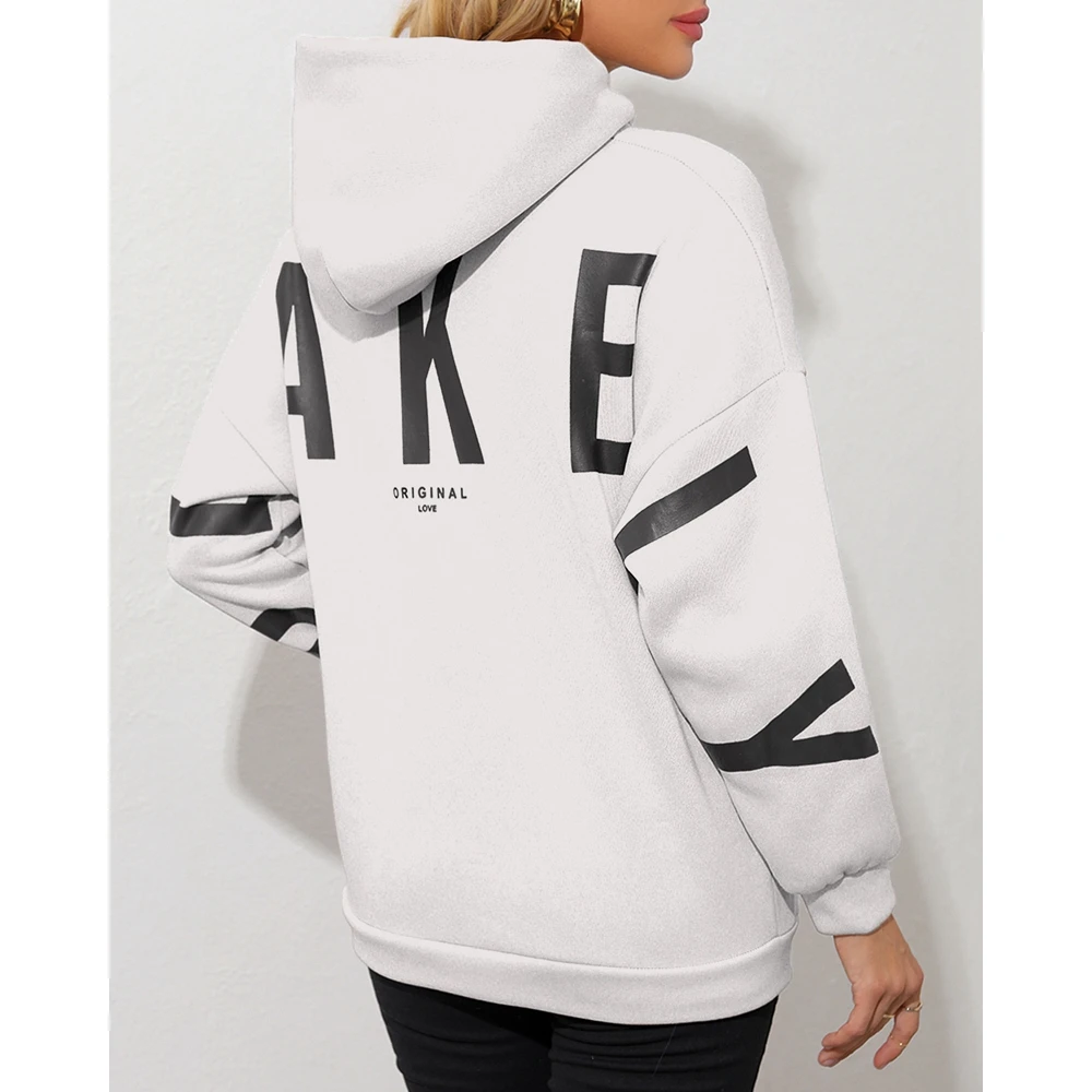 New Women Fashion Letter Print Hoodie Pullover Femme Casual Pocket Design Sweatshirt Top Steetwear Long Sleeve Loose T Shirts