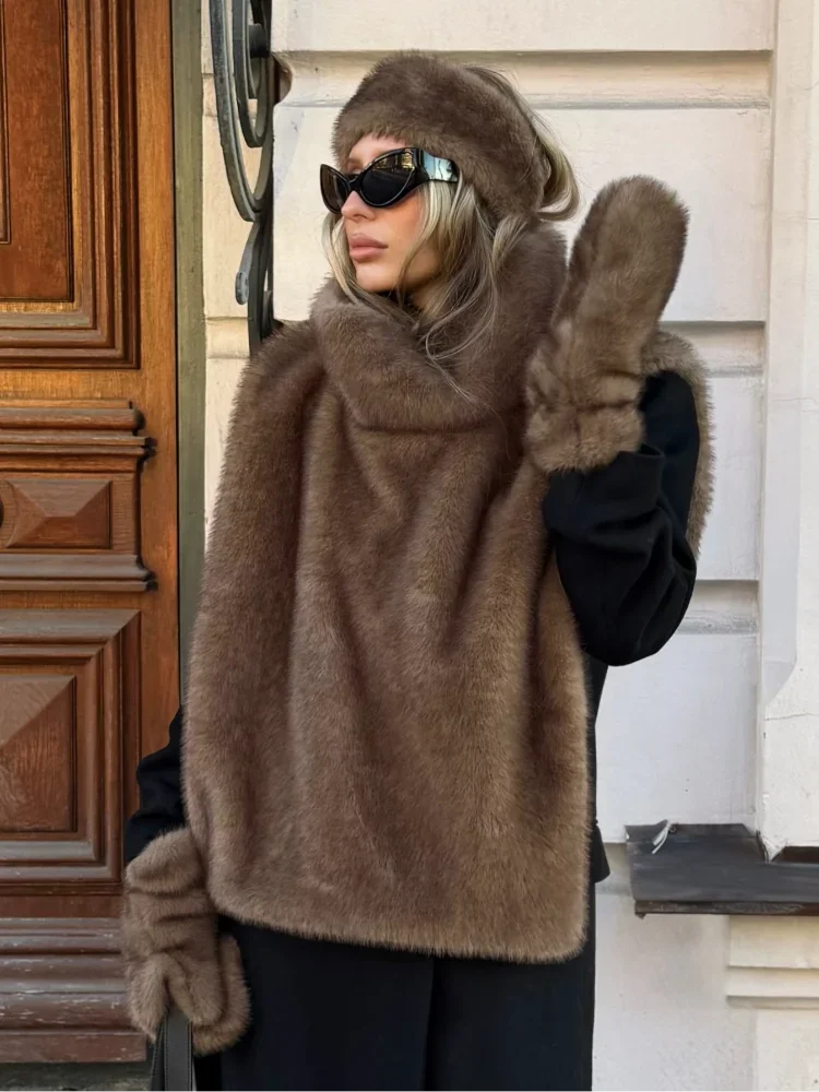 新しいブラウンフェイクファーベスト女性カジュアルルーズフィット