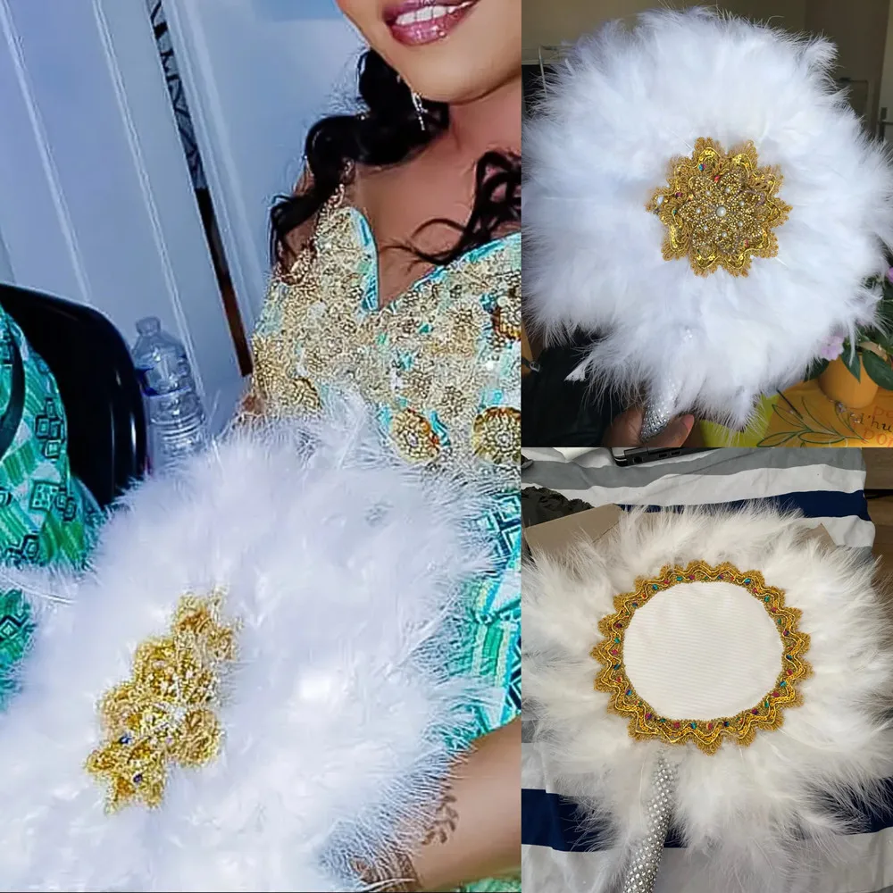 

1pcs One-Side African Turkey Feather Hand Fan for Bridal Wedding Handmade Nigerian Handfan Eventaille Mariage Hand Held Fans