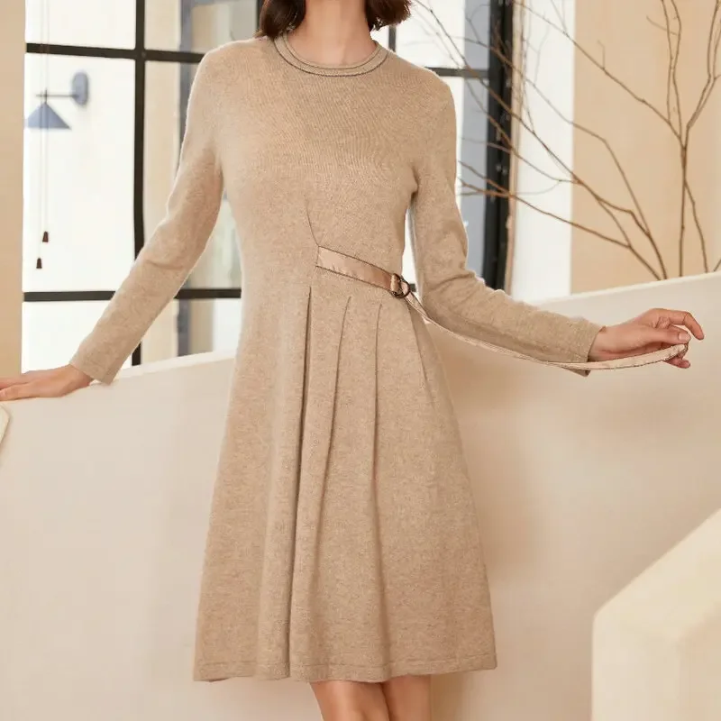 

New Autumn and Winter Women 100% Cashmere Round Neck Pullover Thin Belt Dress
