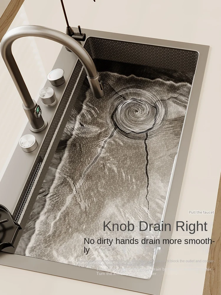 Waterfall Digital Display Kitchen Sink, Honeycomb Embossed Sink, Large Single Slot, Nano 304 Stainless Steel
