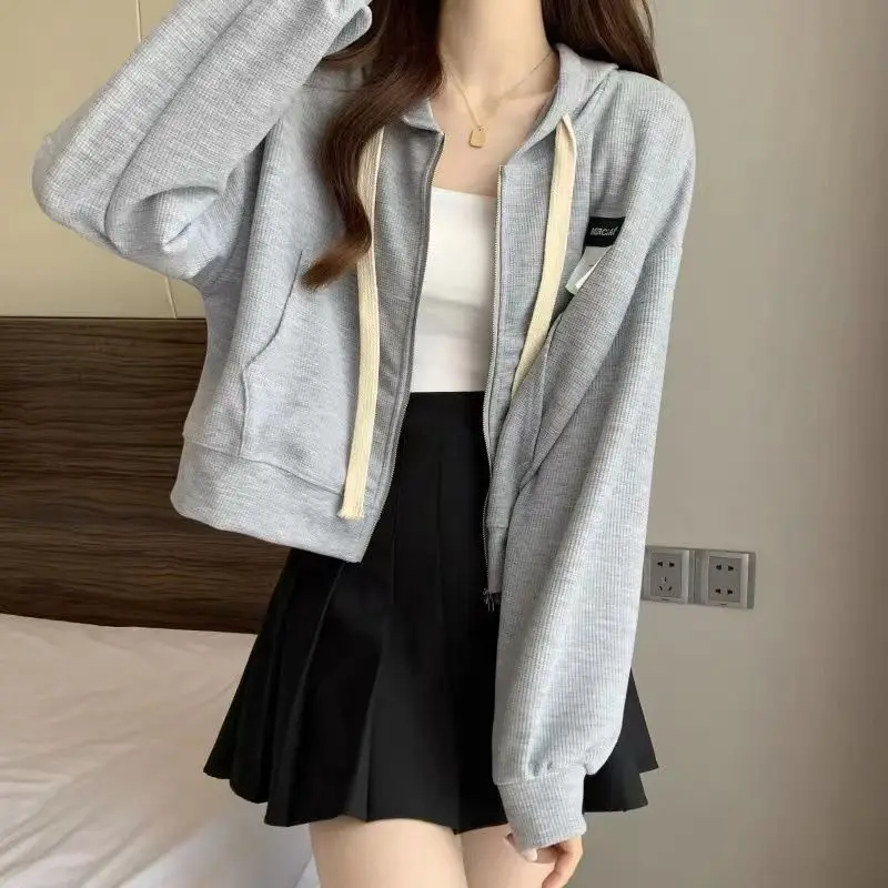Yasuk Spring Autumn Casual T-Shirts Women's Loose Zipper Cardigan Sporty Solid Simple Versatile Drawstring Hoodie