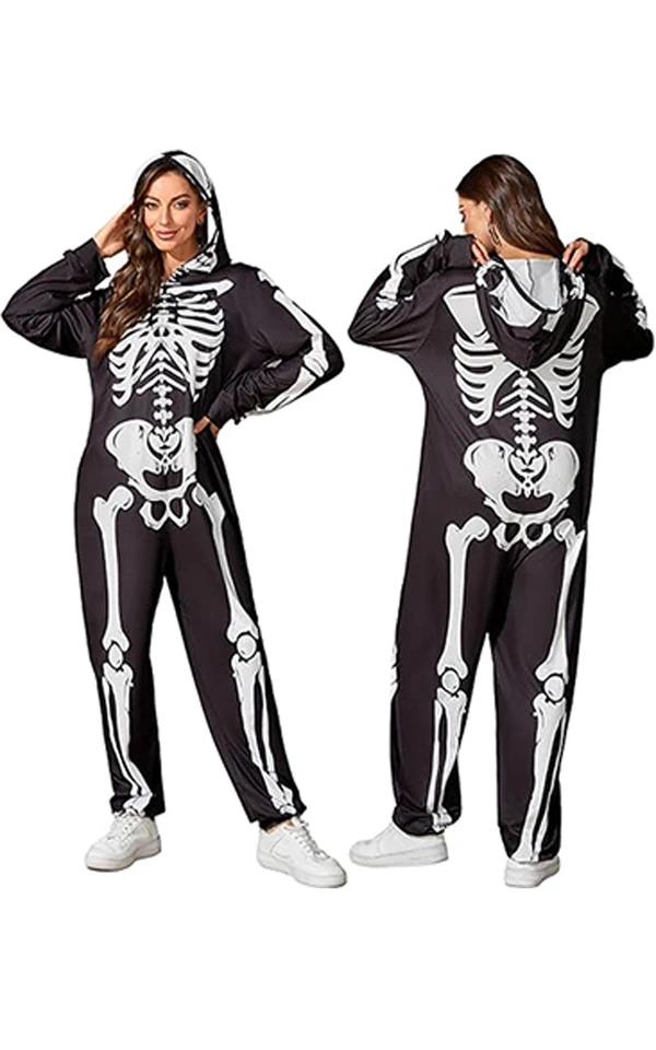 Hooded Black and White Skeleton Onesie Costume