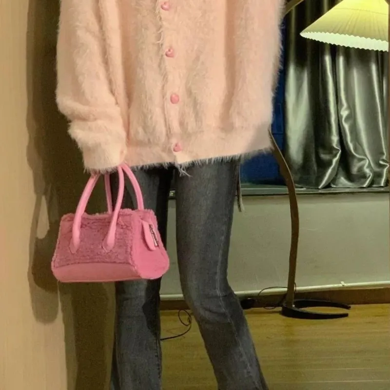 JIAERDI Sweet Cute Plush Handbag Women Faux Shearling Panel Shoulder Bag Ladies 2025 New Autumn Winter Fashion Chic Shoulder Bag