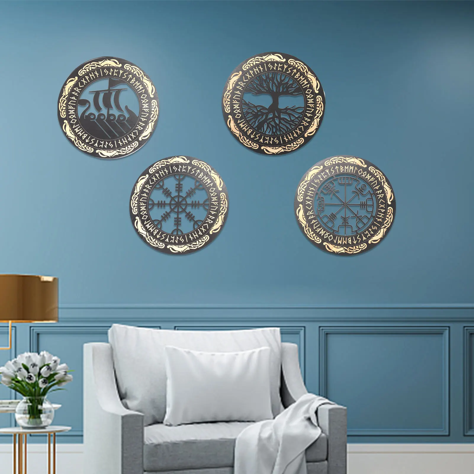 4-Pcs Round Wall Art Nordic Viking Runes Set